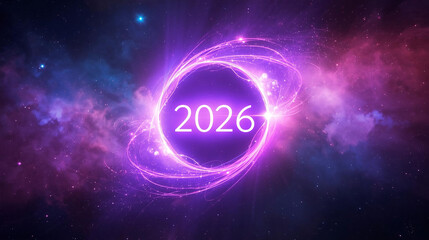 digital artwork of a glowing cosmic portal with the numbers 2026 shining