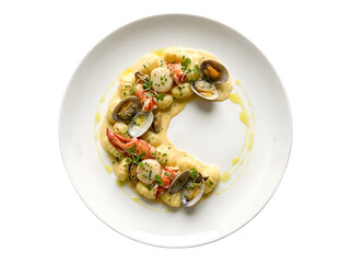 Gourmet Seafood Dish Featuring Lobster, Clams, and Scallops in a Creamy Sauce on a Plate