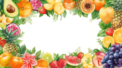 watercolor illustration depicting a colorful assortment of tropical and mixed fruits arranged as a border