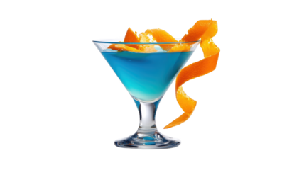 Refreshing blue cocktail in martini glass with orange peel garnish isolated for bar menus.


