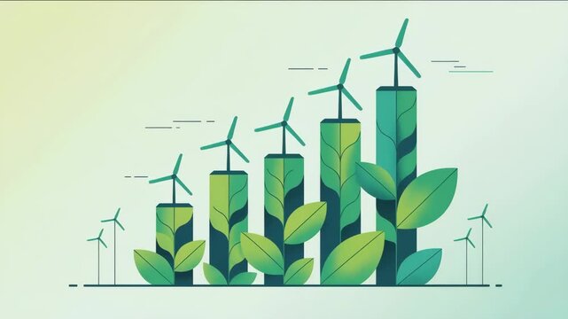 Sustainable Energy Growth Chart with Wind Turbines and Leaves Vector Illustration Eco-Friendly Infographic