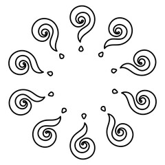 Round doodle outline with expressive question marks arranged around the edge. Vector element for concept art, inquiry themes and simple decorative layouts.