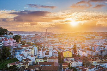 Stunning sunset view of Lisbon from Miradouro da Senhora do Monte viewpoint
