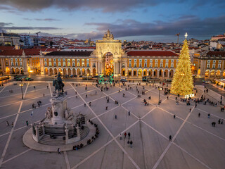 Beautiful Christmas illumination at Praca do Comercio in Lisbon during twilight