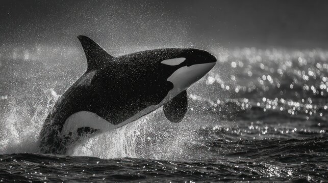 Orca whale breaching water surface in the ocean