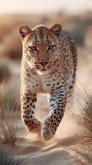 Fototapeta premium A leopard running through the sand in the desert