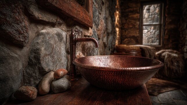Rustic bathroom with copper sink and stone wall - Powered by Adobe
