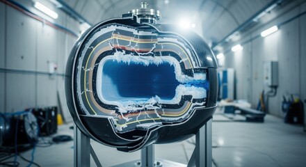 Fototapeta premium Crosssectional display model explaining failure mechanics of cryogenic carbon fiber pressure vessels tested in secure underground facility.