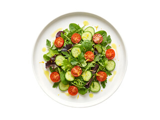 Delicious and Fresh Green Salad with Cherry Tomatoes and Cucumbers in a White Bowl