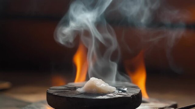 Close-up of copal incense burning, producing smoke and flames