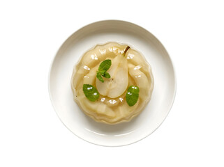 Delightful Clear Jelly Dessert with Pear and Mint Garnish Served in White Bowl