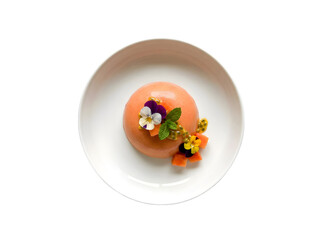 Delicate and Vibrant Dessert Creation Showcasing a Coconut Mousse Cake Garnished with Edible Flowers and Fresh Fruits