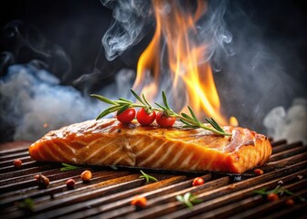 Savory salmon steak grills to perfection on a smoky barbecue