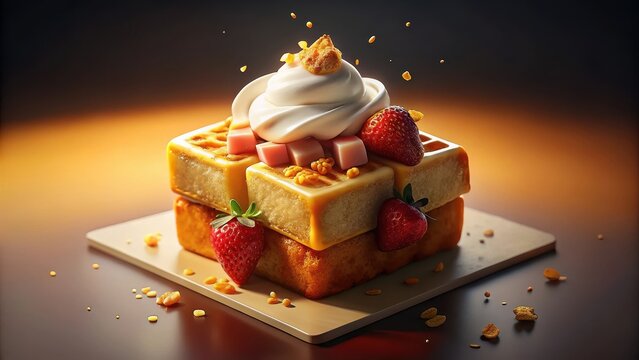 A vibrant breakfast treat combines crispy cube toast with chewy boba and a fluffy dollop of whipped cream