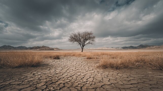 Lone tree in arid landscape under dramatic sky