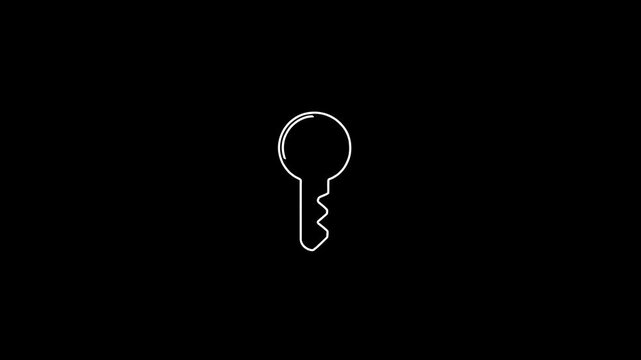 A minimalist, white line drawing of a house key on a solid black background. The key is centered, simple in design with a circular bow and a single, jagged edge.