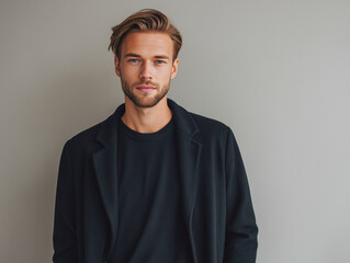 Adult man with blue eyes wearing black coat and sweater standing against neutral background with calm expression