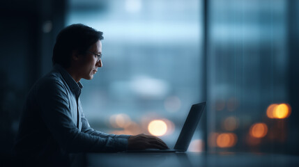Asian man working on laptop in office with city lights outside window at night, focused and engaged in technology tasks