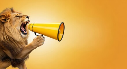 Majestic lion roaring into yellow megaphone for powerful announcement