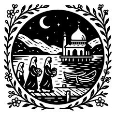 Night City Landscape With People Vintage Illustration