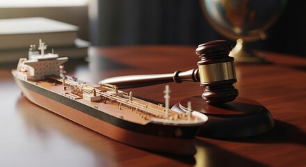 Obraz premium Maritime law concept: model ship and gavel on desk