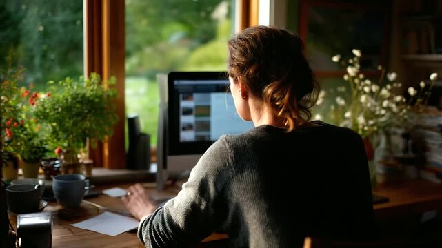 Individual at computer in comfortable residential workspace natural illumination rear view perspective home telecommuting scene freelance environment back angle composition