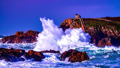 giant waves crashing against the rocks