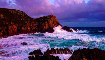 dashing waves on the stone cliffs
