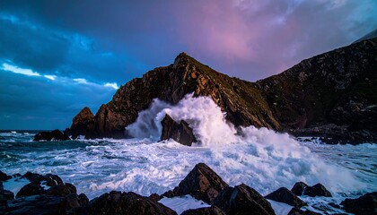 powerful storm surge on a rocky coast