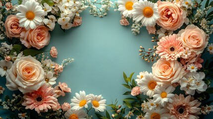 Beautiful floral arrangement with pink roses and white daisies on blue background