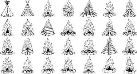 Black and White Line Art Collection of Various Campfire and Teepee Illustrations for Outdoor and Camping Themes