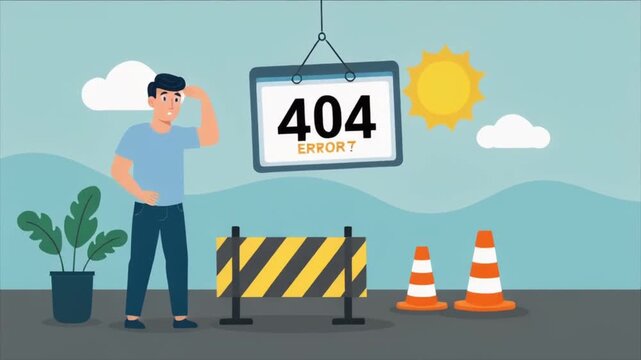 Illustration of man puzzled by 404 error sign with traffic cones