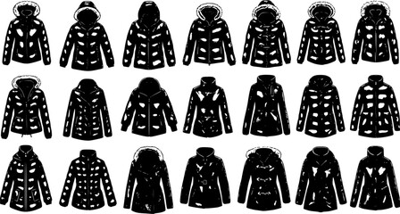 Fashion Apparel Winter Jackets and Coats Vector Silhouette Collection. Black and White Glyph Set of Padded Outerwear, Parkas, and Hooded Jackets for Clothing Designs and Seasonal Wear. © arulumia