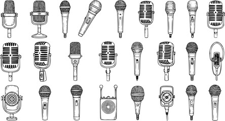 Black and White Line Art Collection of Vintage and Modern Microphones © arulumia