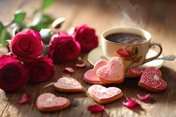 Hot Coffee Cup with Heart Shaped Cookies and Red Roses in Warm Natural Light