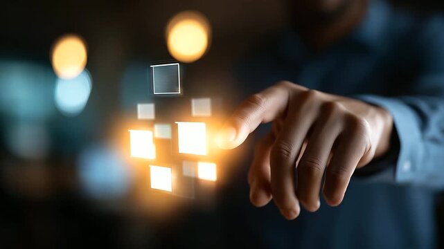 Person interacting with futuristic interface selection anonymous hand gesture soft digital display workplace model choice option selection visualization technology decision