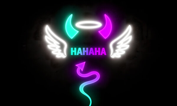 Mischievous neon angel-devil duality graphic with HAHAHA text glowing on dark background.