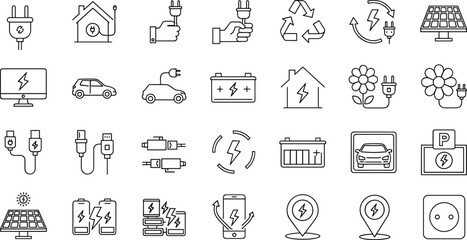 Electricity icons, editable stroke, energy sketch, charging outline, black and white, vector illustration