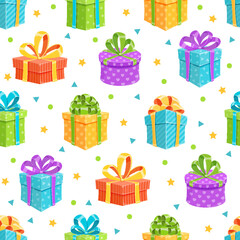 Cartoon seamless pattern with gift boxes. Presents adorned with colorful ribbons and bows create a festive surprise theme. Ideal for birthday and celebration projects.