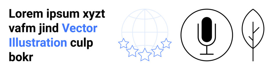 Communication, sustainability, global impact, media, broadcasting, eco-conscious concepts. A microphone, globe with stars and leaf illustration in minimal design. Communication and sustainability