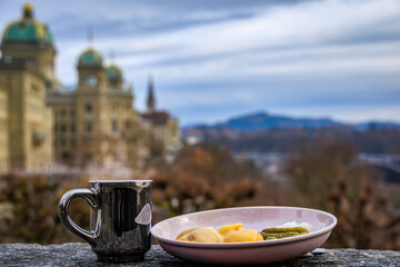 Mulled wine and raclette with potatoes at Bern Christmas Market, Switzerland