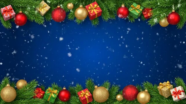 Holiday ornament border with red and gold balls and gift boxes on a deep blue background intended for digital signage and festive newsletter headers
