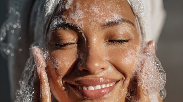 Woman washing face with foam close up