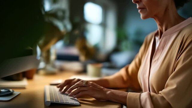 Professional at computer in residential workspace faceless individual soft home office research activity scene positive mood display virtual assistance visual administrative