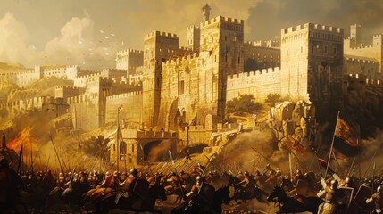 Fototapeta premium Crusader siege battle for Jerusalem Holy City ancient walls combat