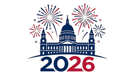 Iconic Building with Fireworks and Year 2026 Graphic Illustration for Celebrations and Future Events