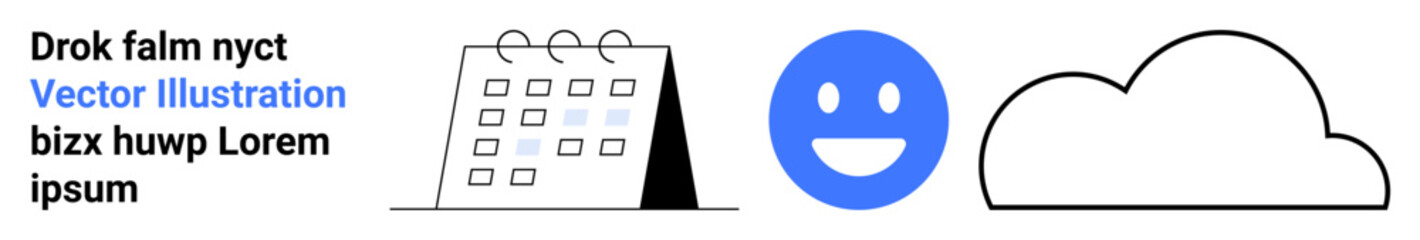 Fototapeta premium Scheduling, communication, weather forecast, organization, emotions, creativity. Black calendar outline, blue smile black cloud. Scheduling and communication concepts illustrated