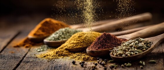 Variety of colorful spices on wooden spoons