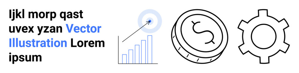 Bar chart with target indicator, dollar coin for financial growth, and gear for productivity. Ideal for business, finance, strategy, analytics, investment, economy simple landing page