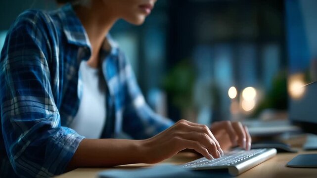 Professional at computer in residential workspace faceless individual soft home office research activity scene positive mood display virtual assistance visual administrative